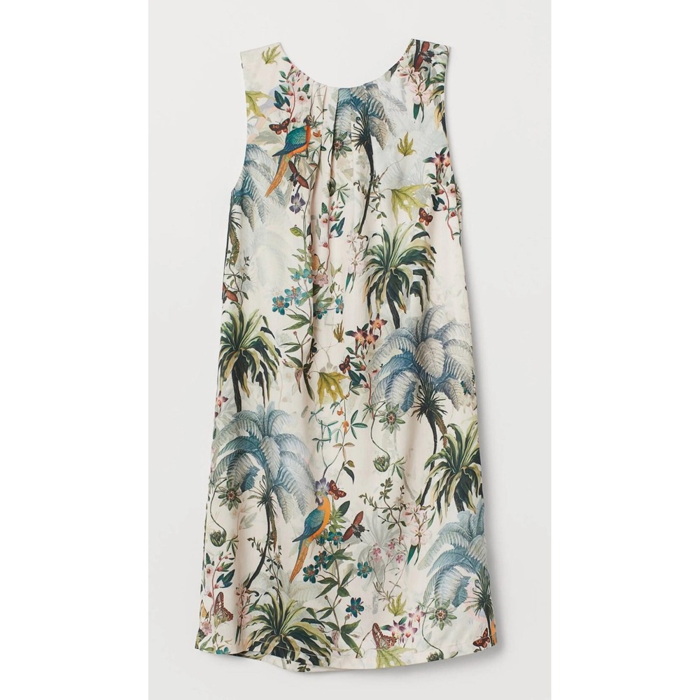 Tropical Botanical Print Sleeveless Shift Dress Cream Multi Pleated Tie Back‎